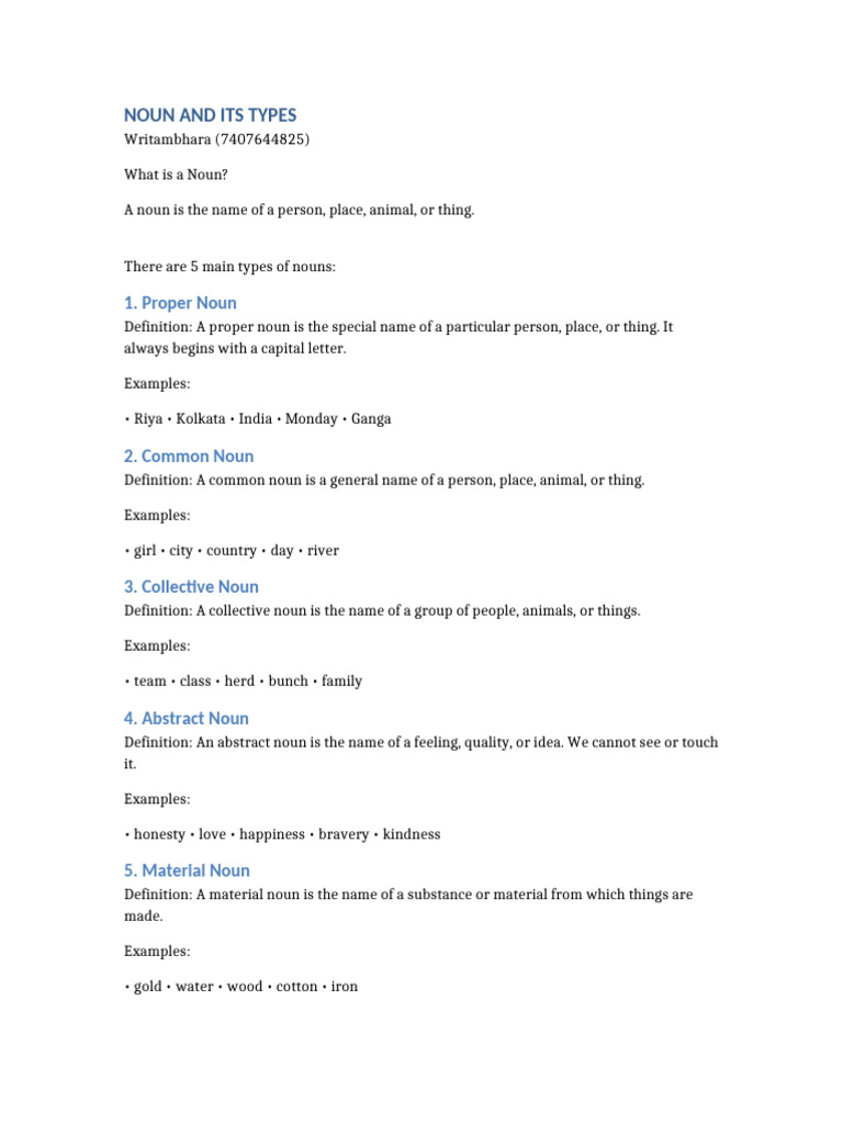 Noun and Its Types Notes by Writambhara Dutta | PDF