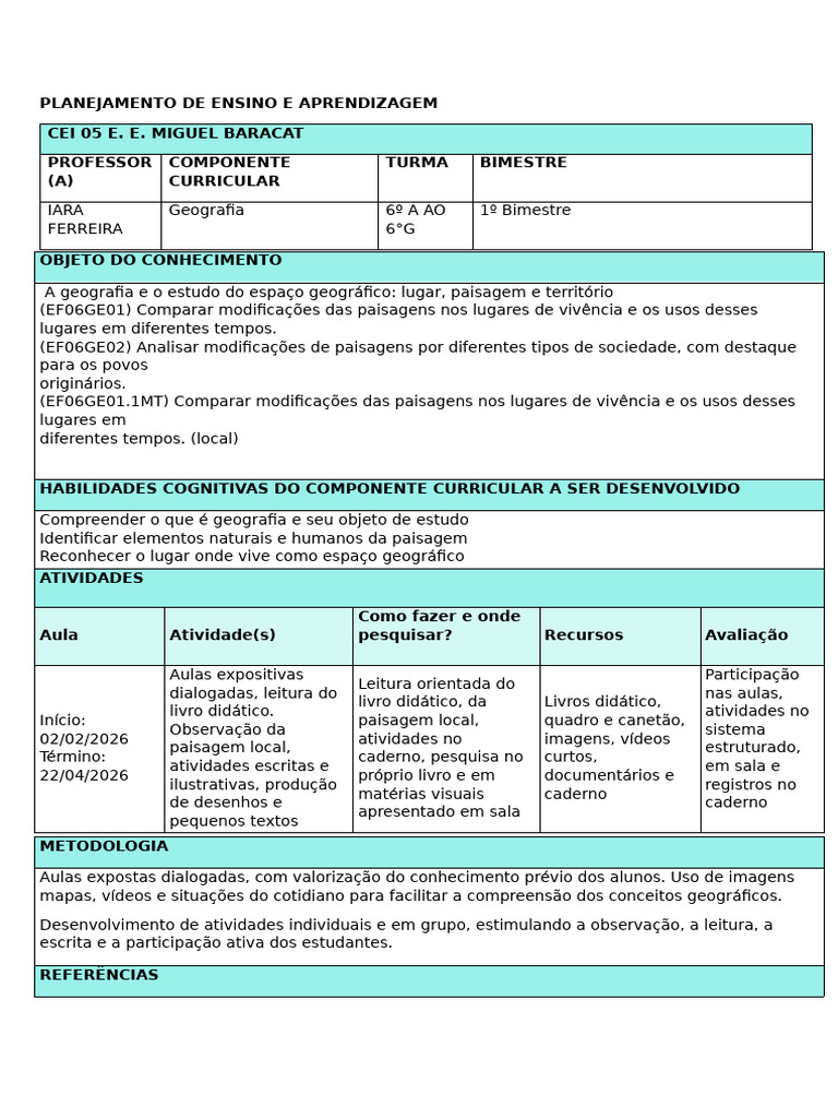 Planejamento de Ensino e Aprendizagem | PDF | Paisagem | Geografia