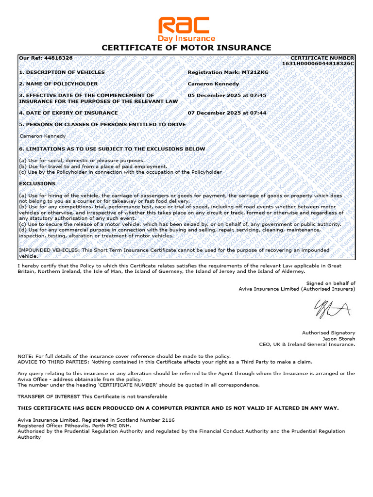 RAC Daily Insurance Certificate and Schedule | PDF | Insurance ...