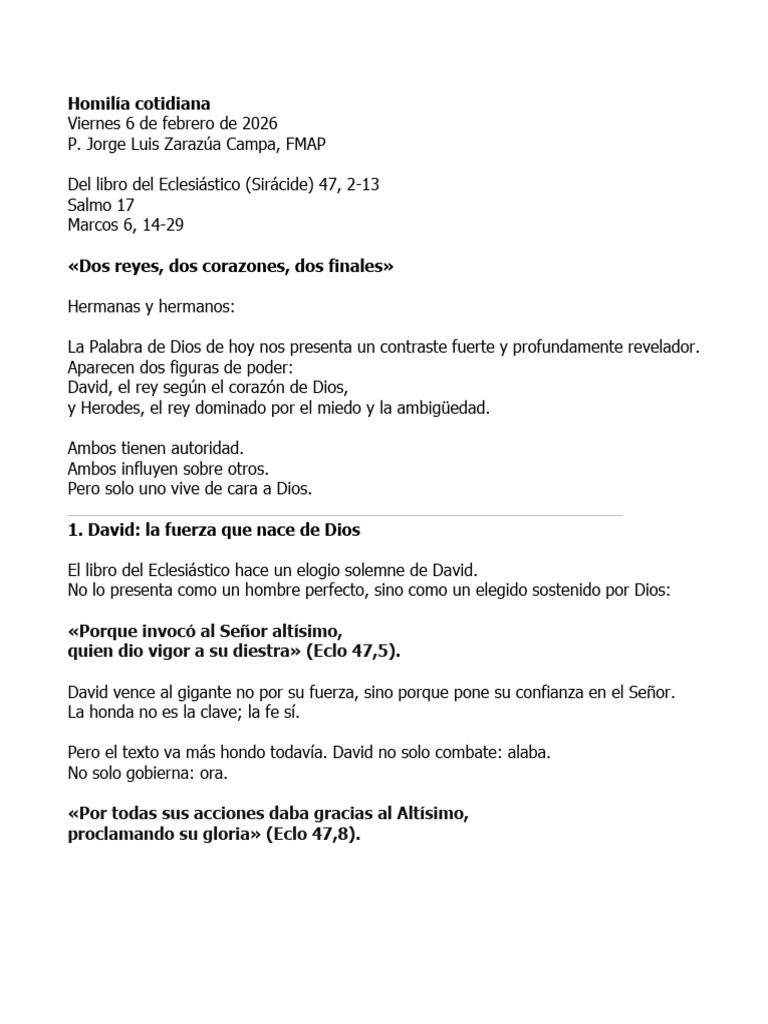 Homilía Viernes 6 de Febrero de 2026 | PDF | David | Salmos