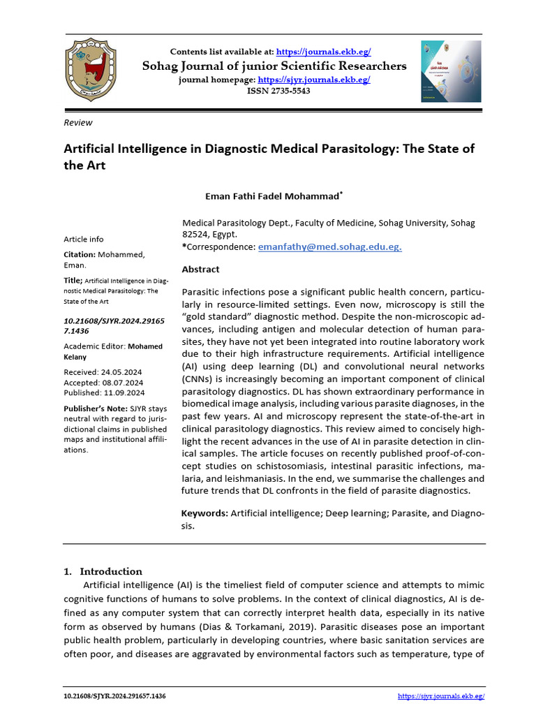 Artificial Intelligence in Diagnostic Medical Parasitology The State of ...