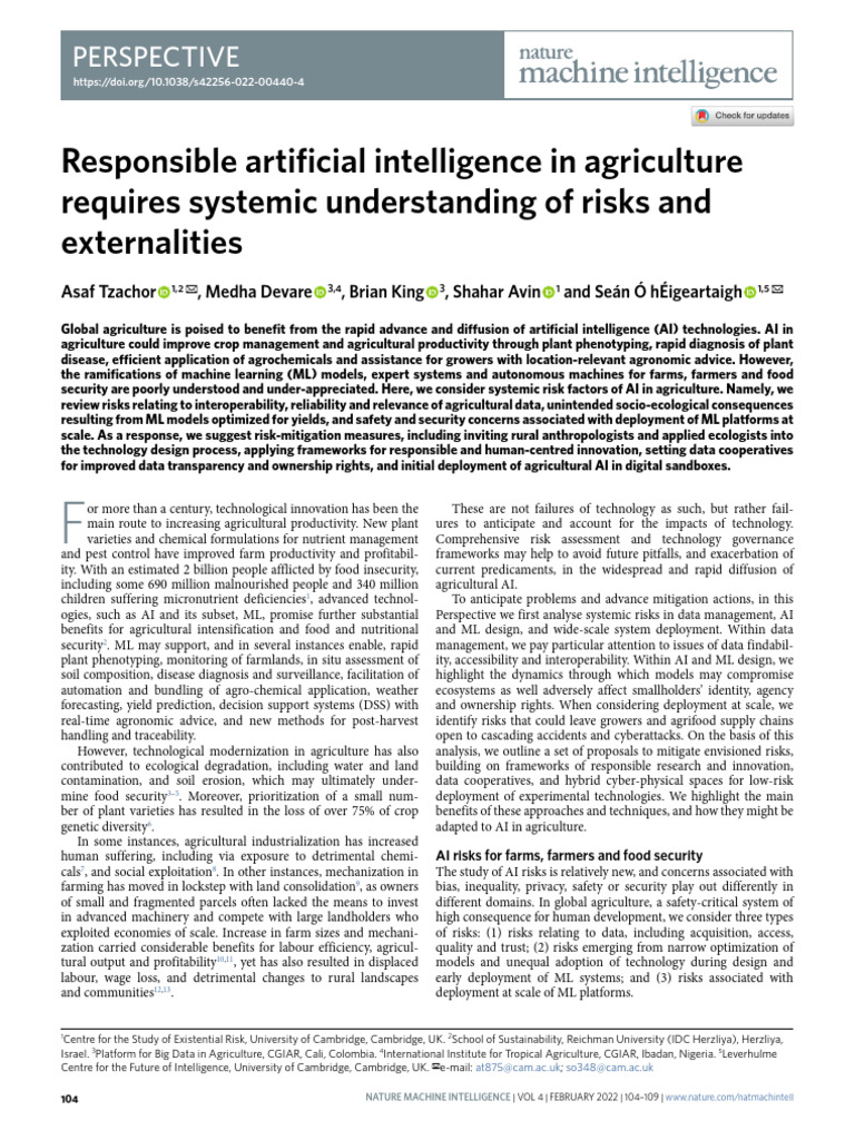 (2023), Tzachor, Responsible Artificial Intelligence in Agriculture | PDF