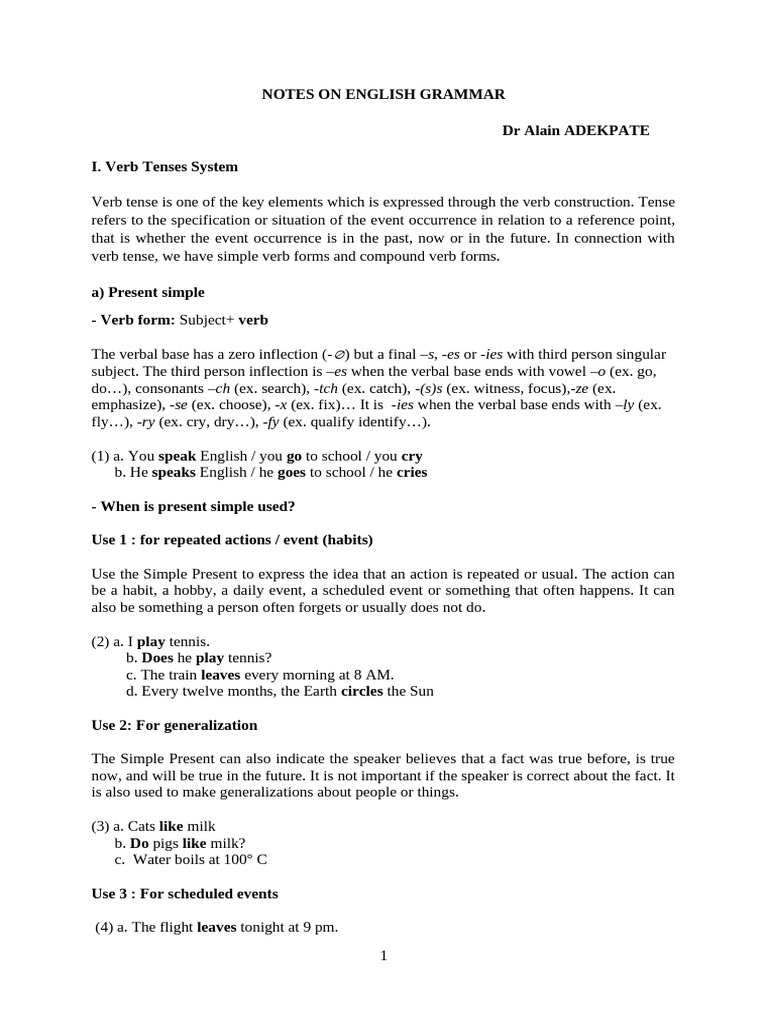 Ucao - English Lectures - 1st Year - Notes On English Grammar - Verb ...