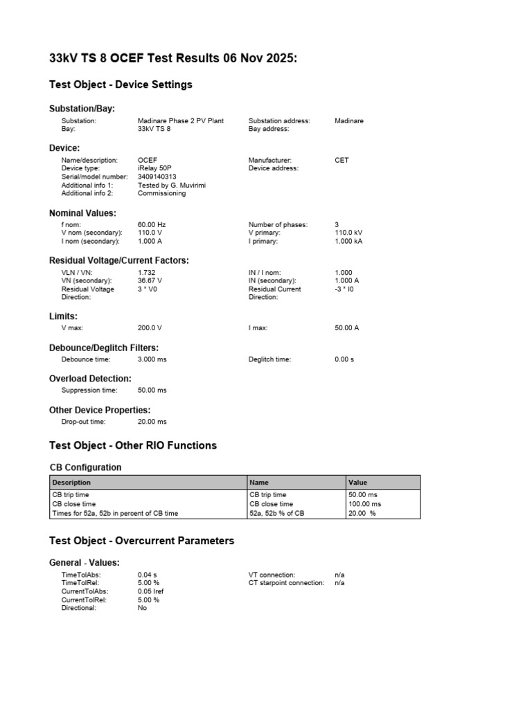 33kV TS 8 OCEF Test Results 06 Nov 2025 | PDF | Electromagnetism ...