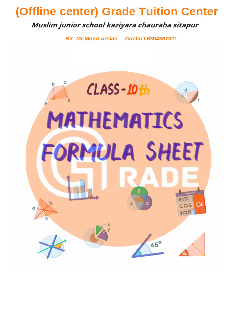 Mathematics Formula Sheet - Class 10 | PDF