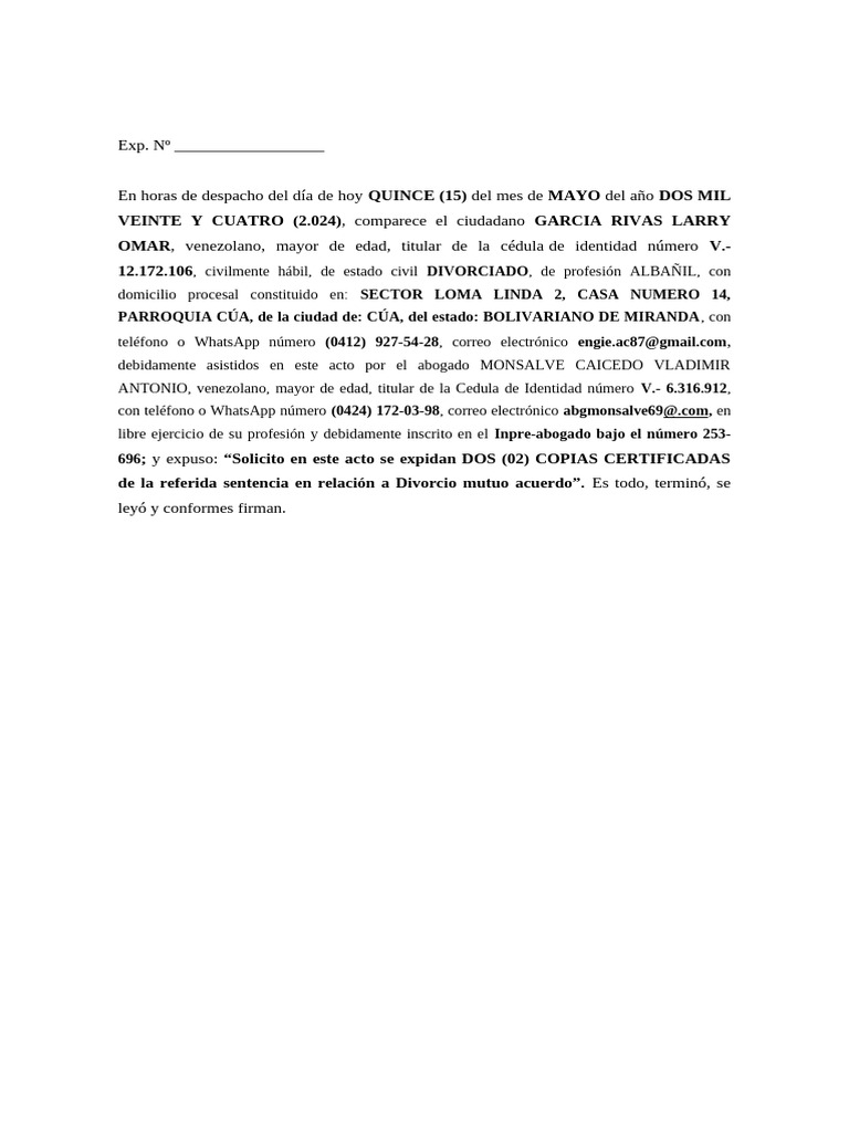 Modelo de Dilig Solic de Copias Certificadas de Sentencia | PDF