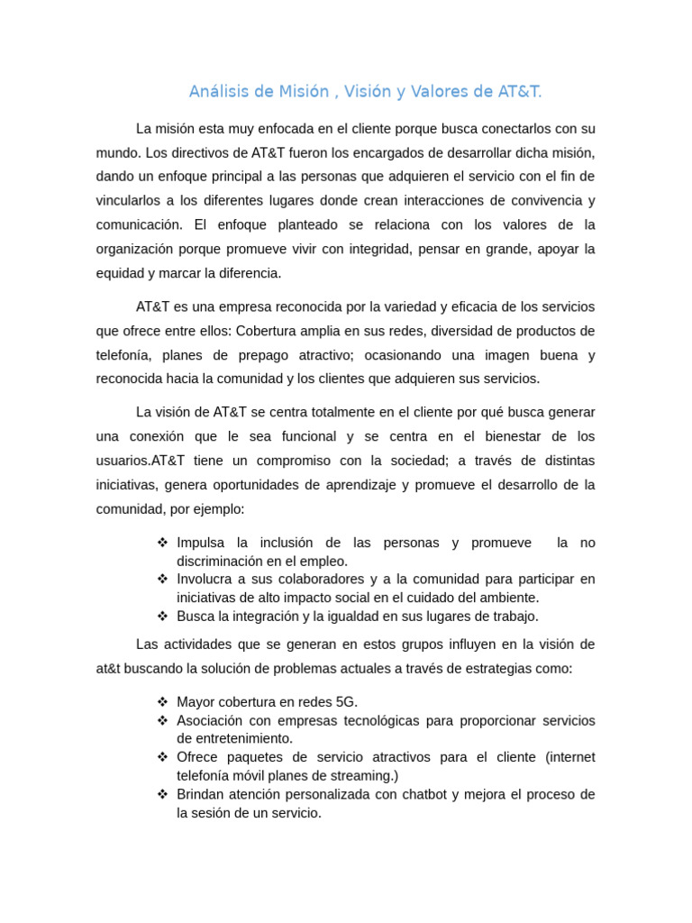 Analisis Misión, Visión y Valores de AT&T | PDF