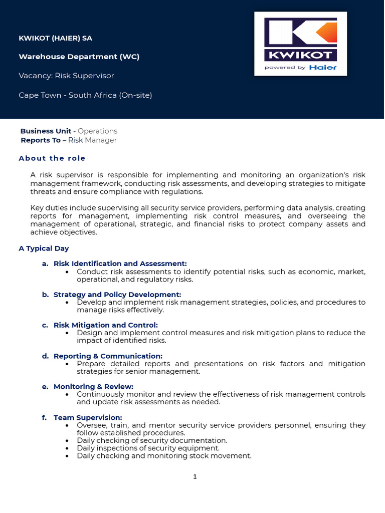 Job Spec - Risk Supervisor | PDF | Risk Management | Risk