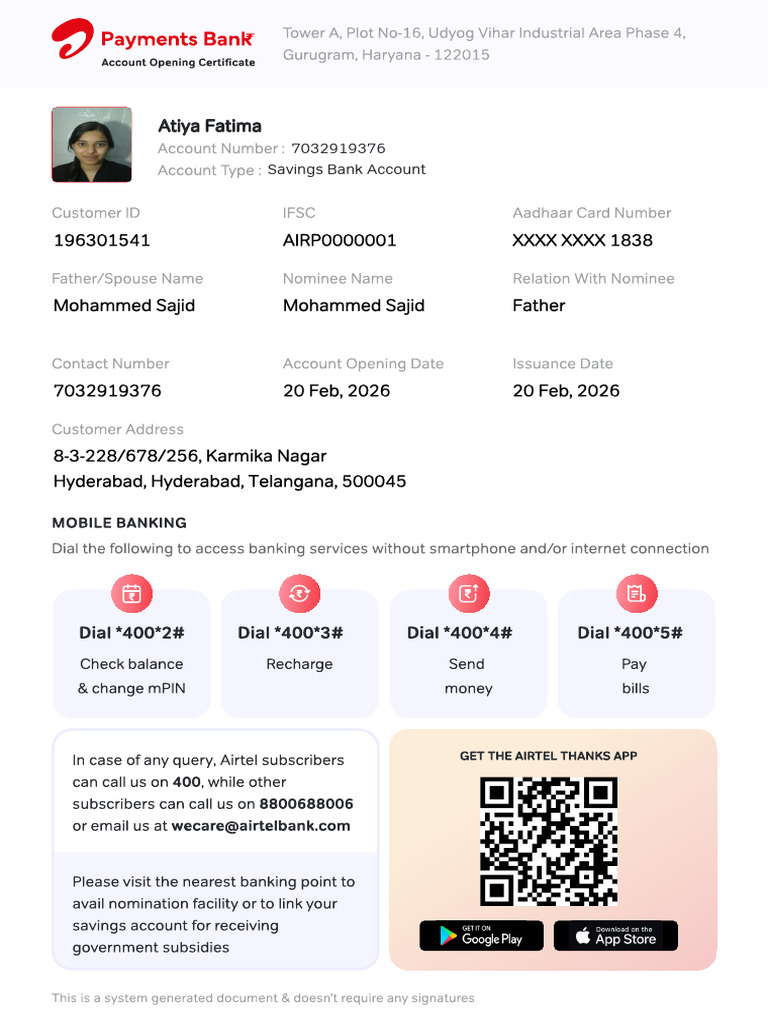 Atiya Fatima: 7032919376 Savings Bank Account | PDF