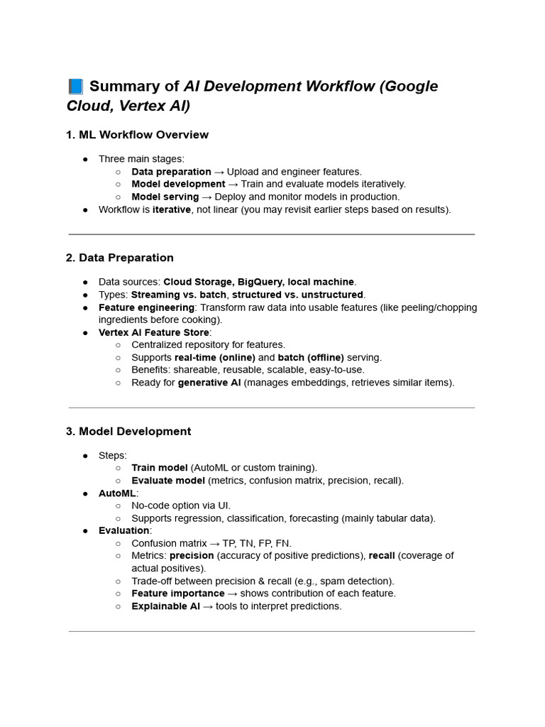 ? Summary of AI Development Workflow (Google Cloud, Vertex AI) | PDF ...