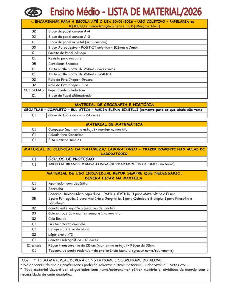 Lista de Material - Ensino Médio 2026 | PDF | Caneta