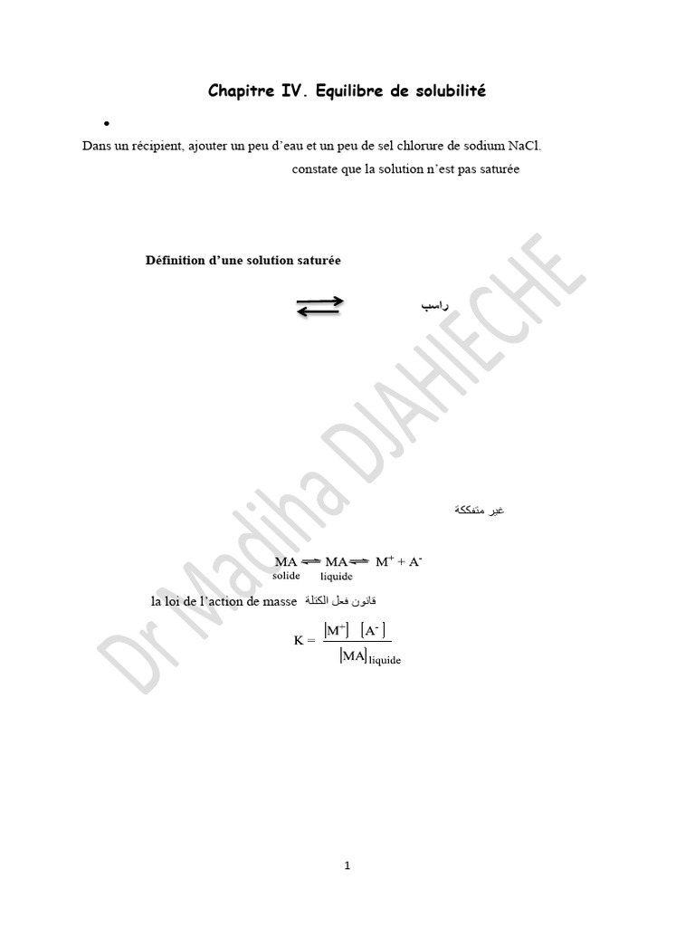 Chapitre IV. Equilibre de Solubilité | PDF | Précipité | Équilibre chimique