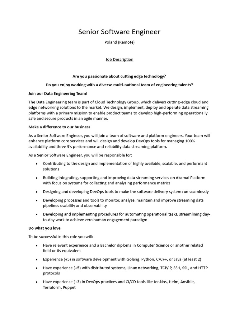 Job Description - Senior Software Engineer | PDF | Computing ...