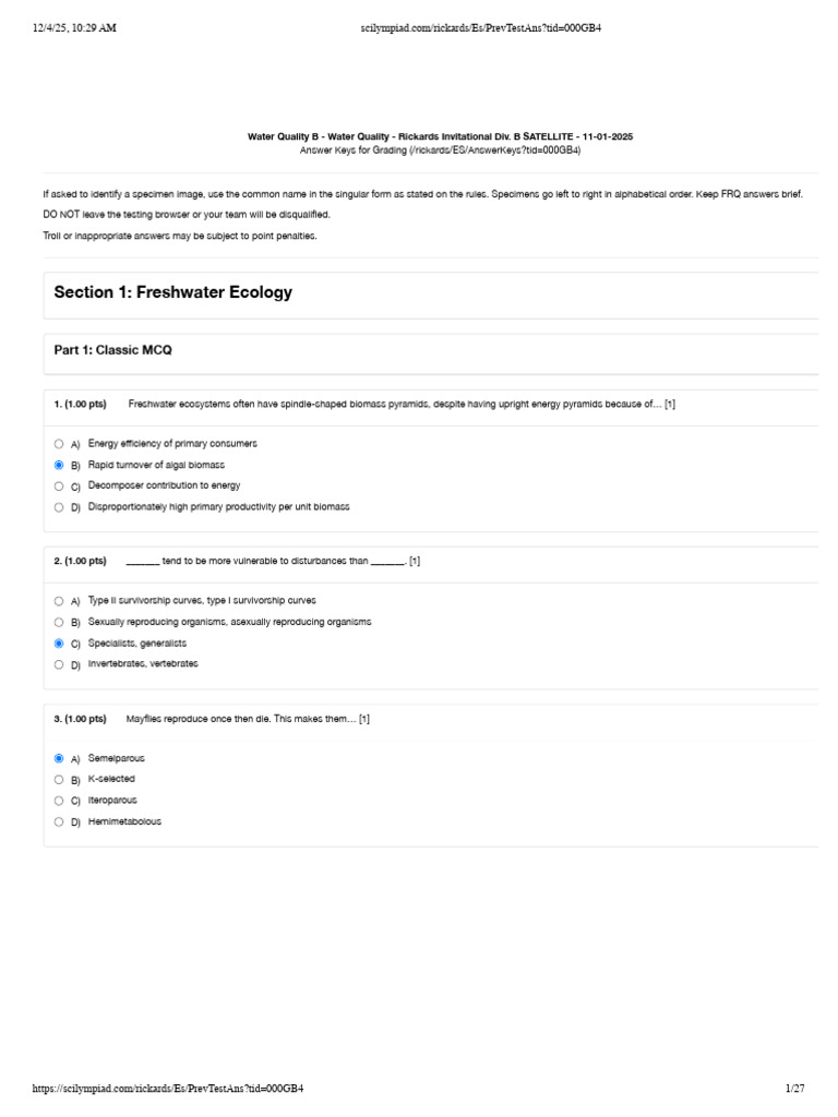 RSOI Water Quality B 2026 Key | PDF | Water Purification | Biodegradation