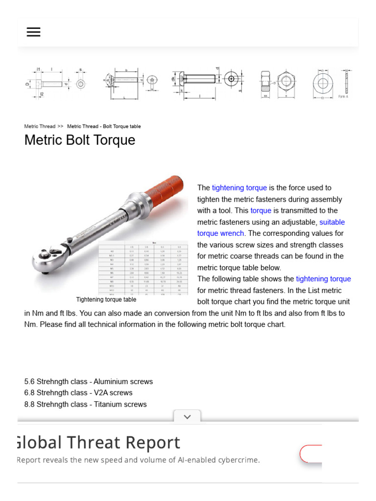 Metric Thread - Bolt Torque Table | PDF | Screw | Torque
