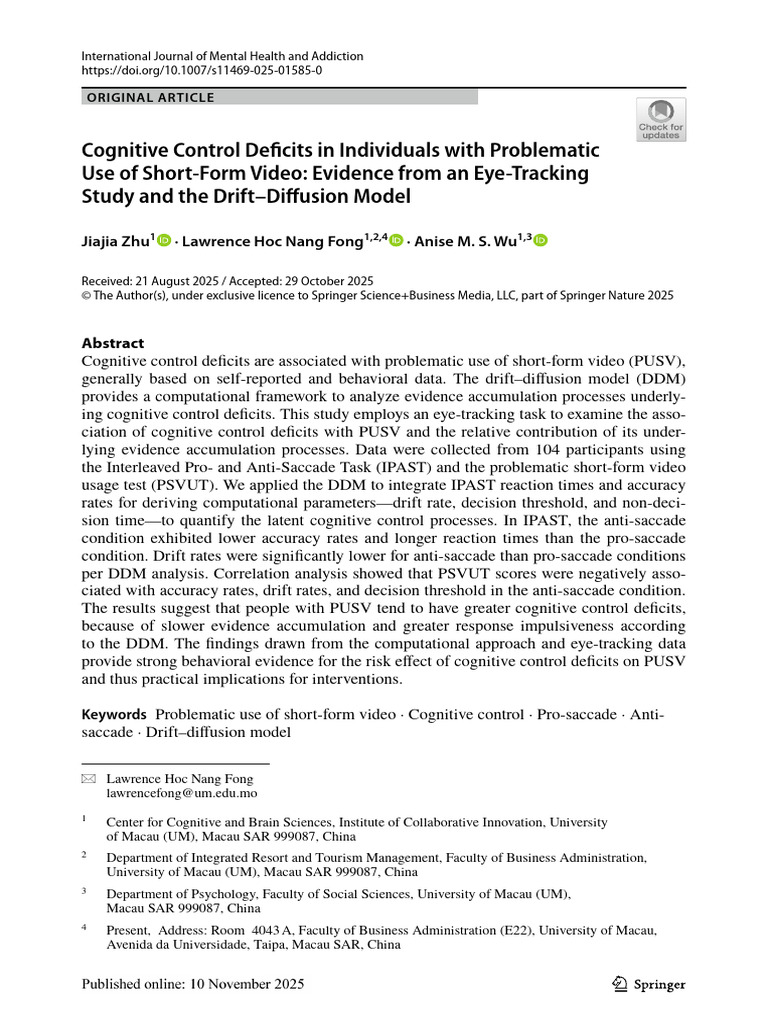 Cognitive Control Deficits in Individuals With Problematic Use of Short ...