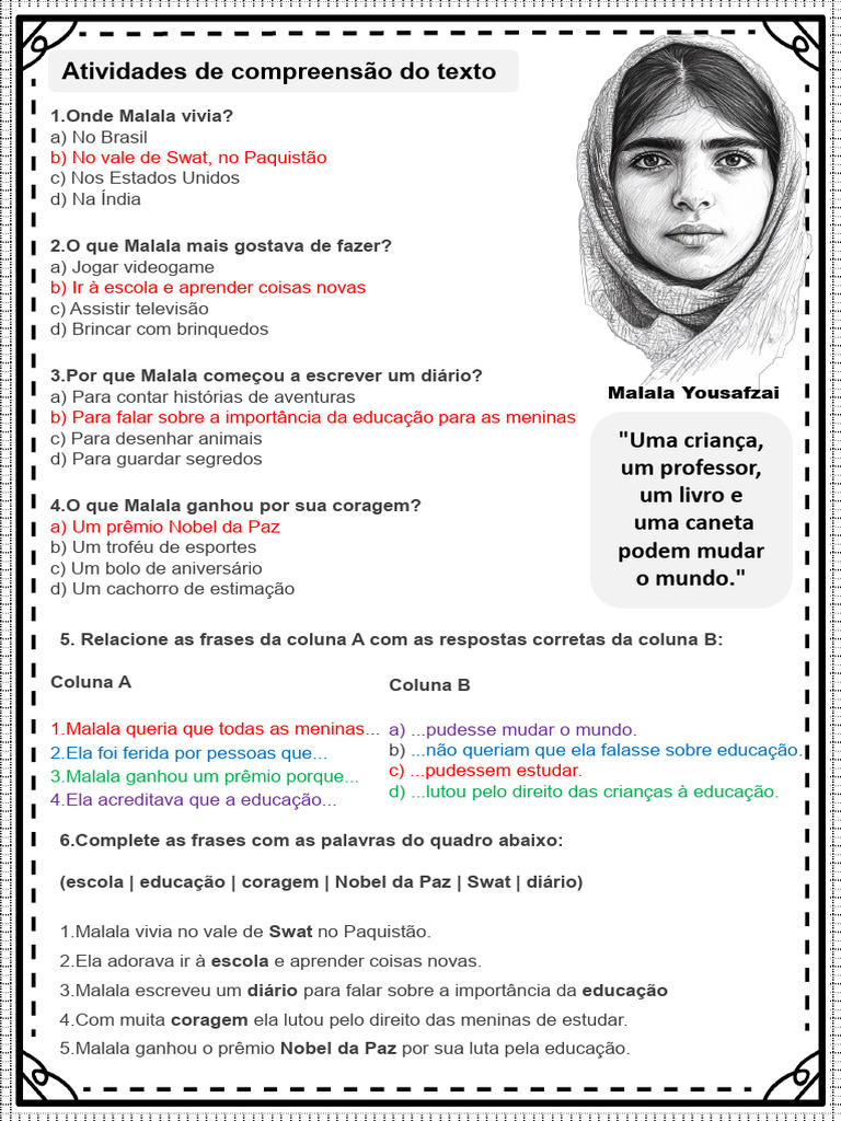 Gabarito Malala Texto e Interpretacao 4o e 5o Ano | PDF | Malala ...