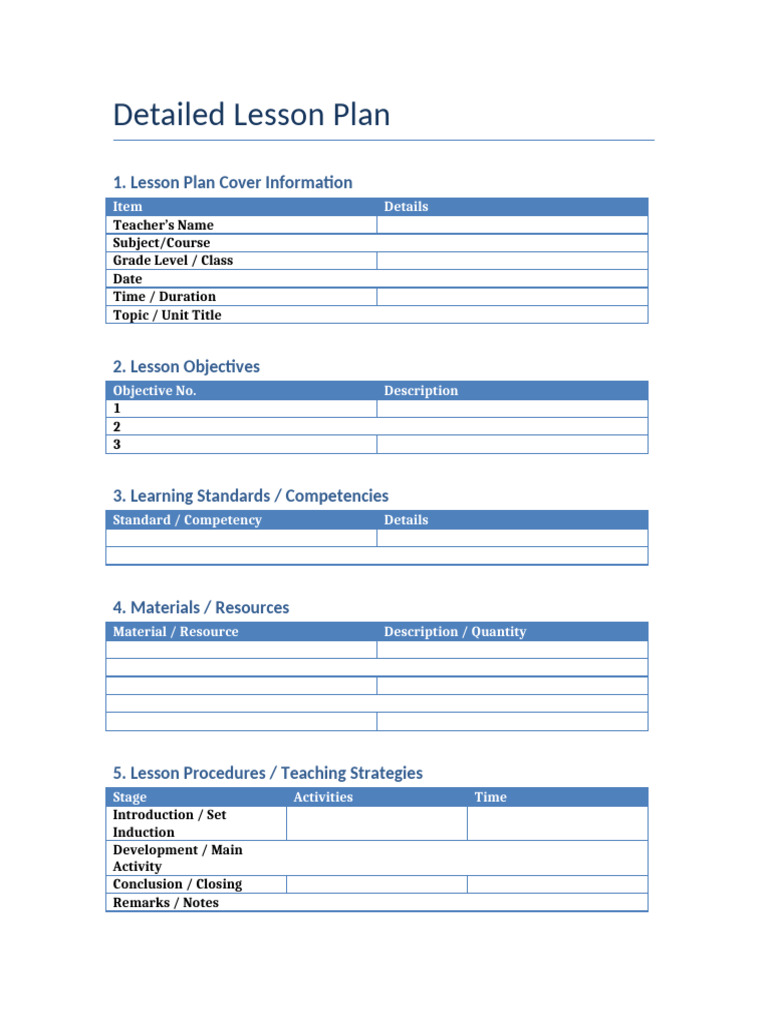 Detailed Lesson Plan Template With Table-1 | PDF