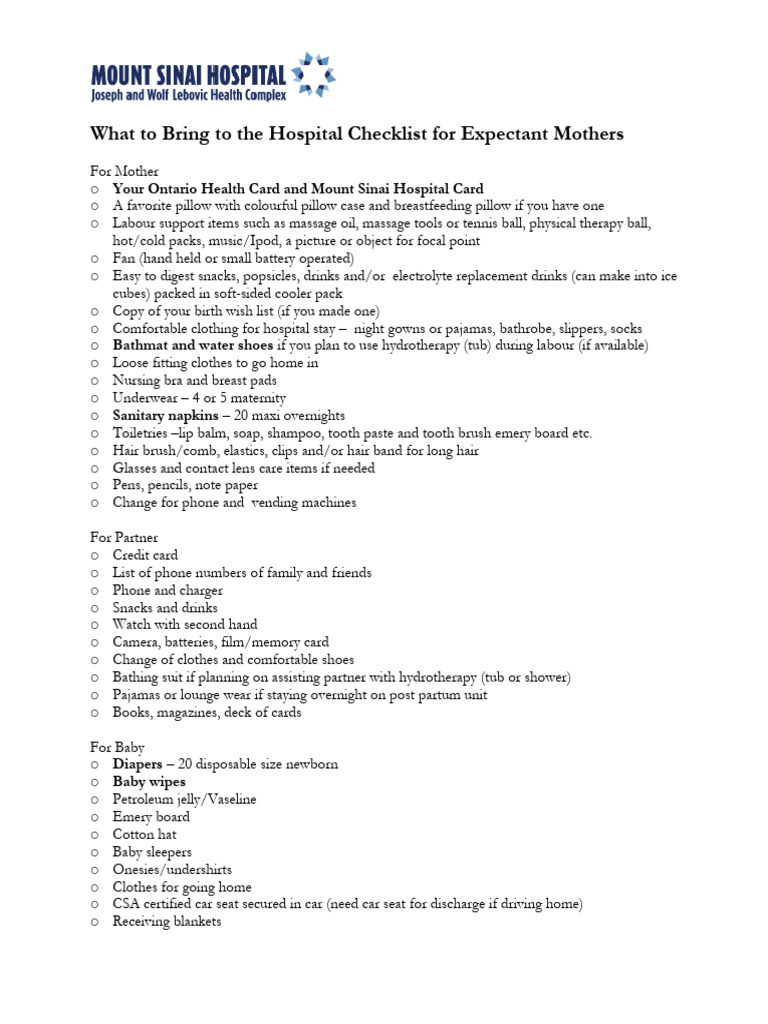 What To Bring To The Hospital Checklist For Expectant Mothers | PDF