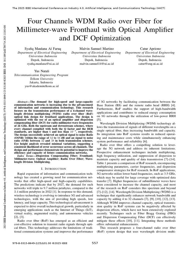 Four Channels WDM Radio Over Fiber For Millimeter-Wave Fronthaul With ...