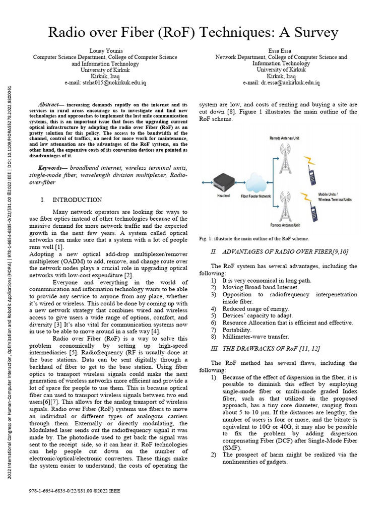 Radio Over Fiber RoF Techniques A Survey | PDF