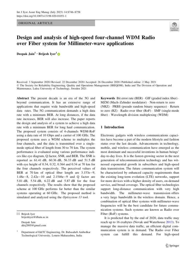 Design and Analysis of High-Speed Four-Channel WDM Radio Over Fiber ...