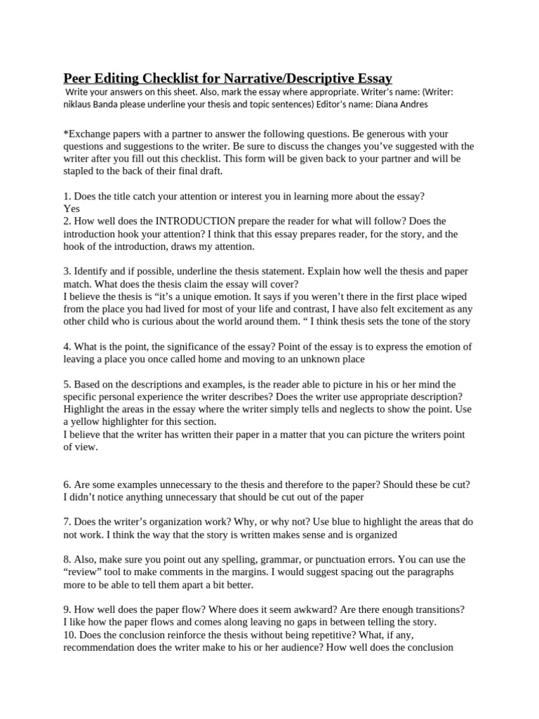 ENG 101 Peer Editing Narrative Desscriptive | PDF | Essays | Human ...