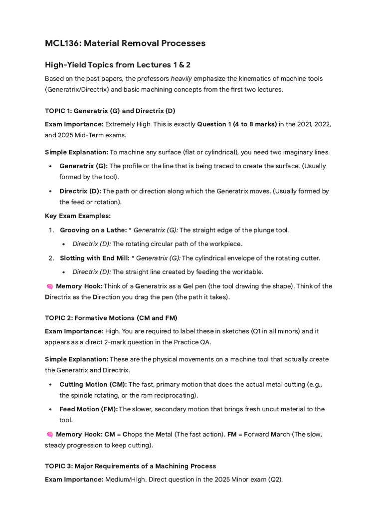 Lec 1 and 2 Cheat Sheet MCL 136 | PDF | Machining | Secondary Sector Of ...