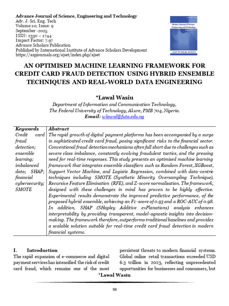 An Optimised Machine Learning Framework For Credit Card Fraud Detection ...