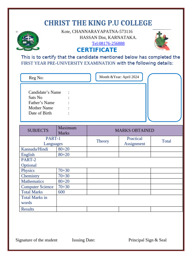 1st Puc Marks Card Patern | PDF
