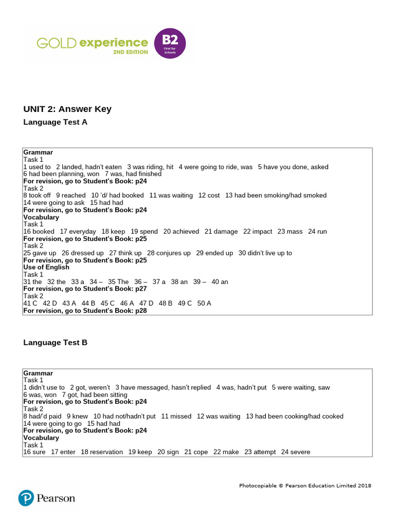 U2 Gold Experiencie Test Answer Key | PDF
