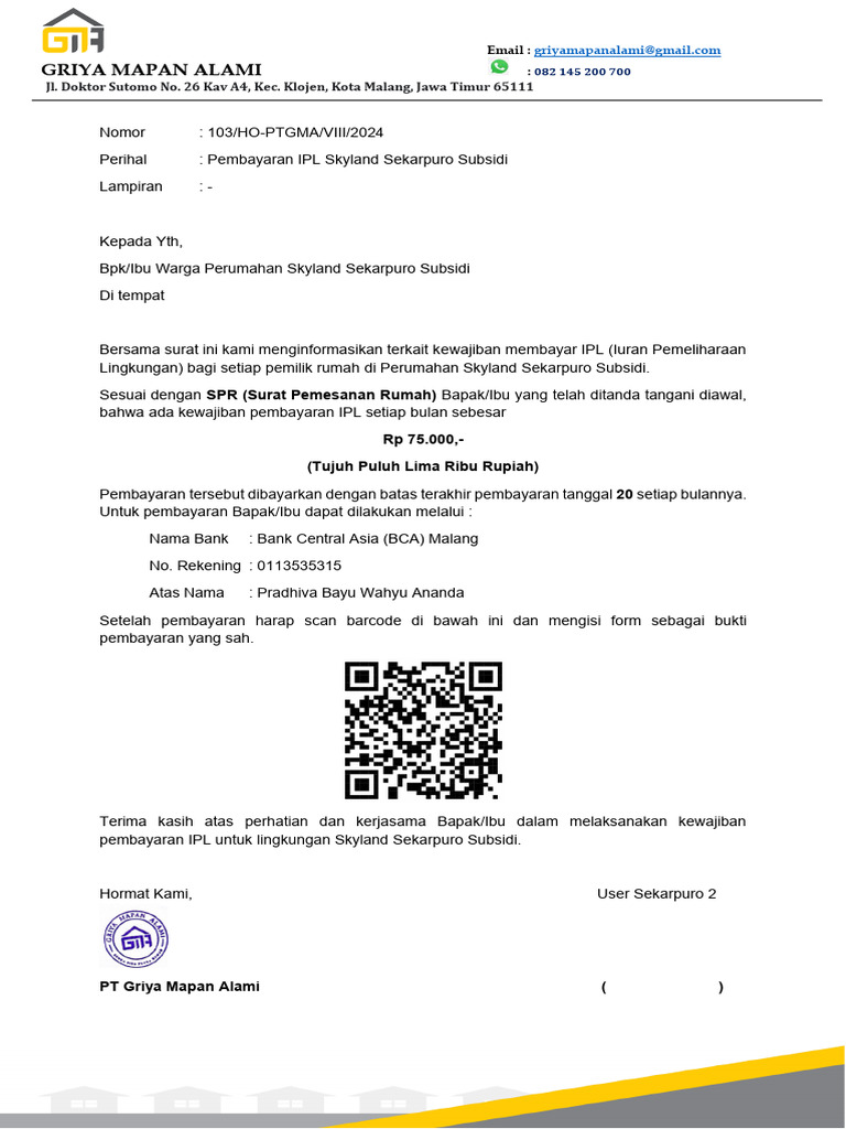 Surat Penagihan IPL (Sekarpuro Subsidi) | PDF