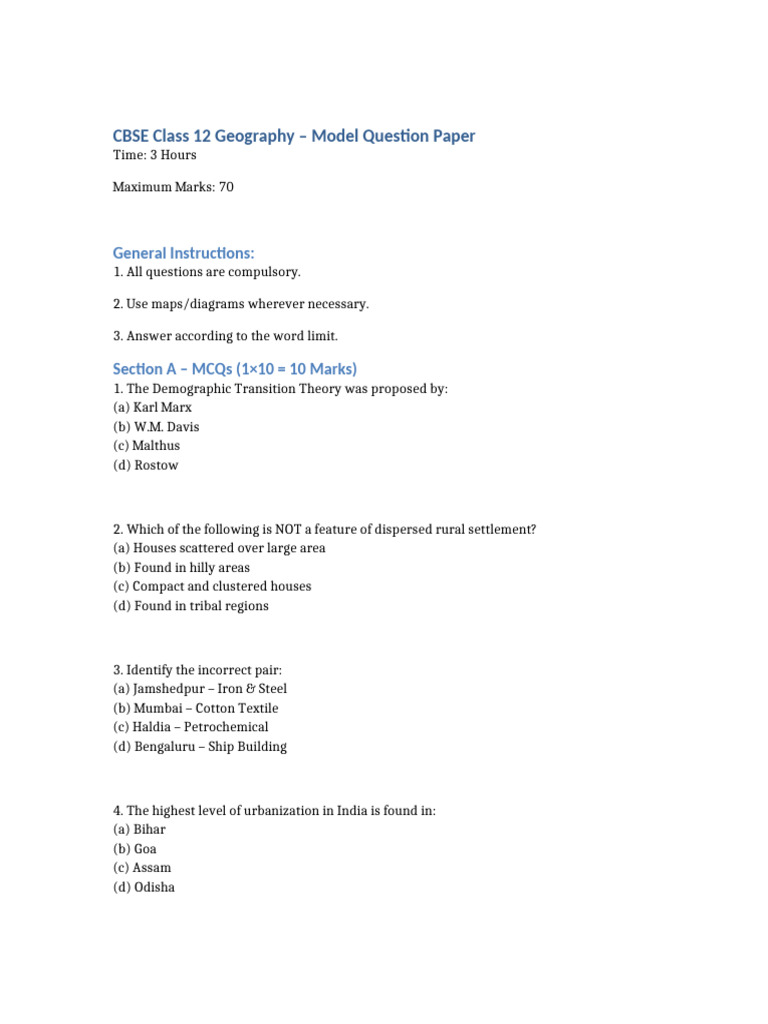 Geography Sample Paper 24 Feb | PDF | Economies