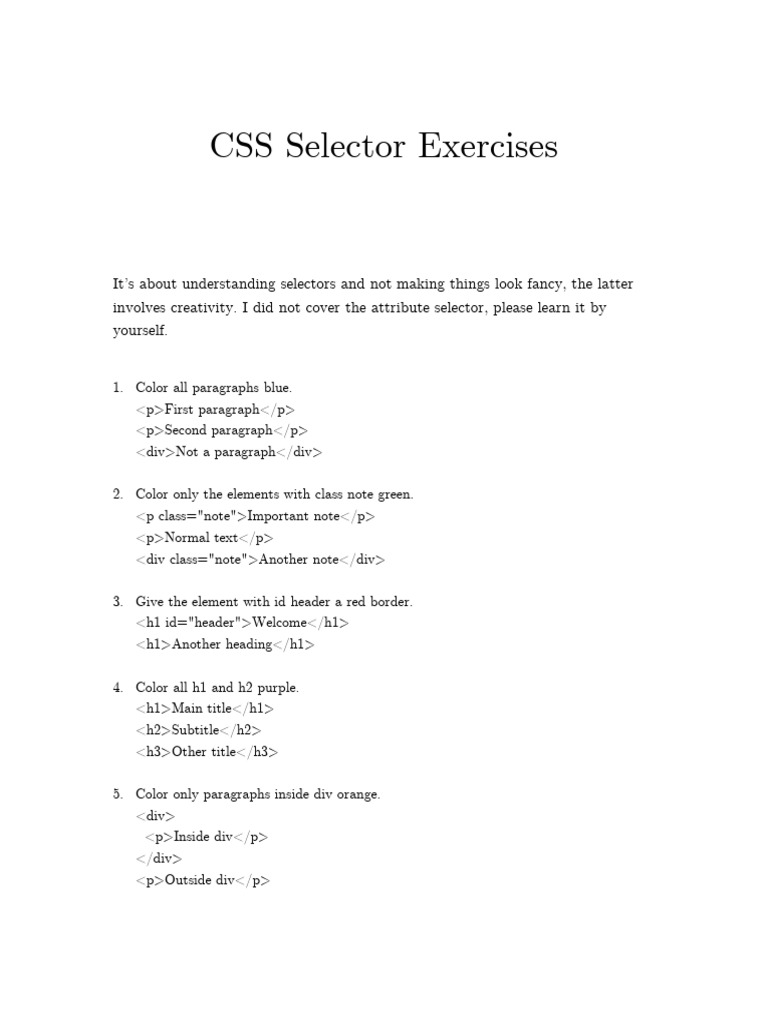 Css Selectors Exercises | PDF | Chess | Chess Theory