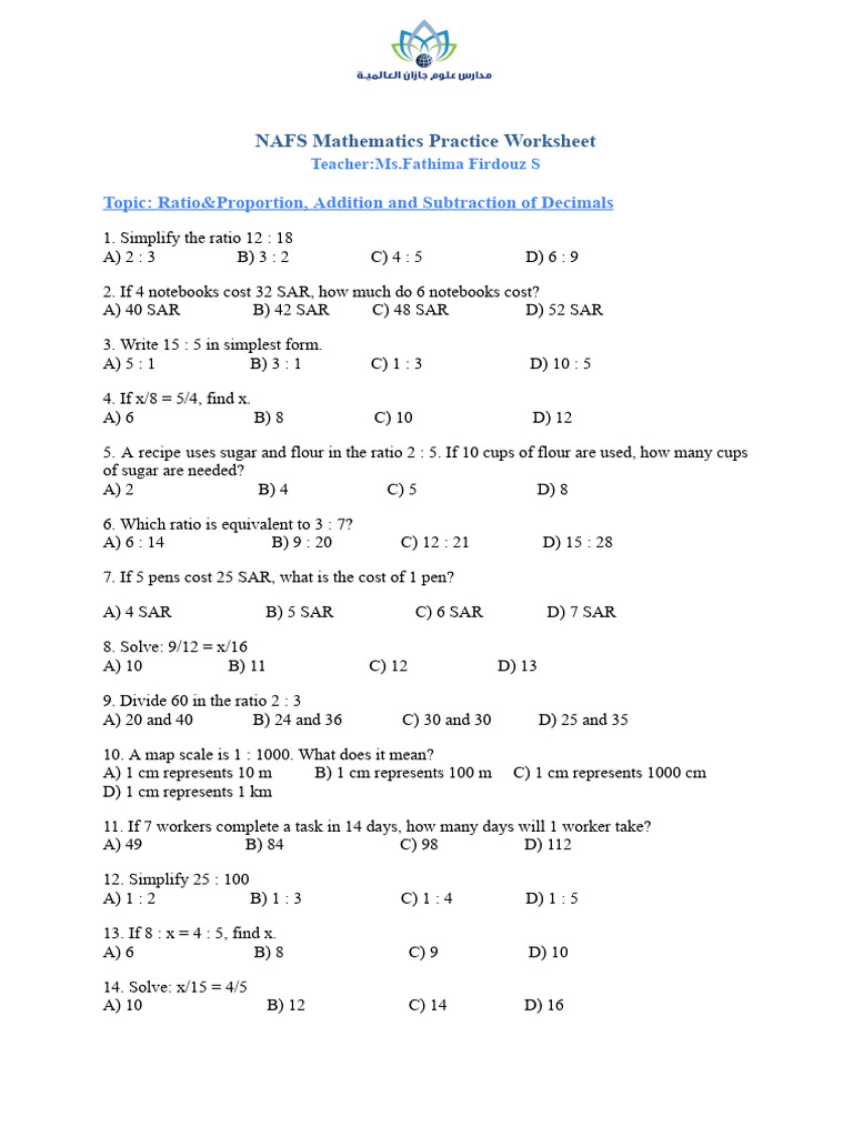NAFS Ratio& Decimals Practice Worksheet | PDF | Ratio | Chess