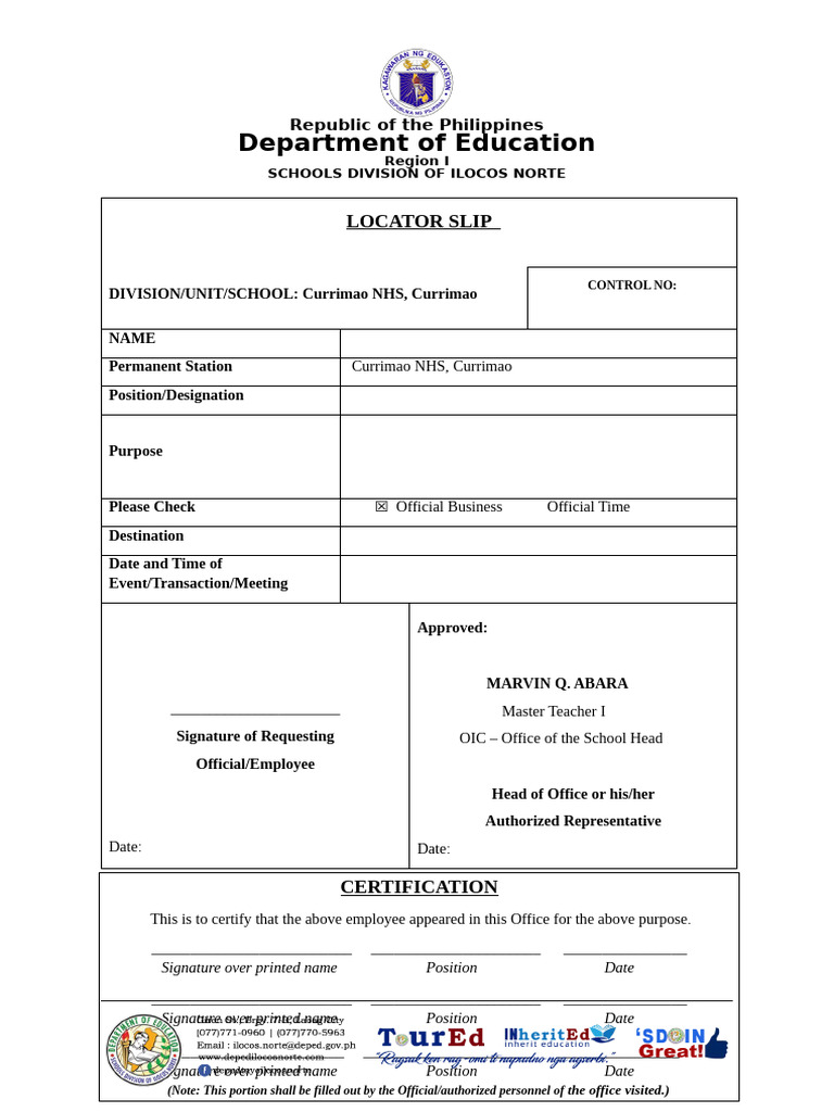 Locator Slip 2025 2026 Work Immersion | PDF