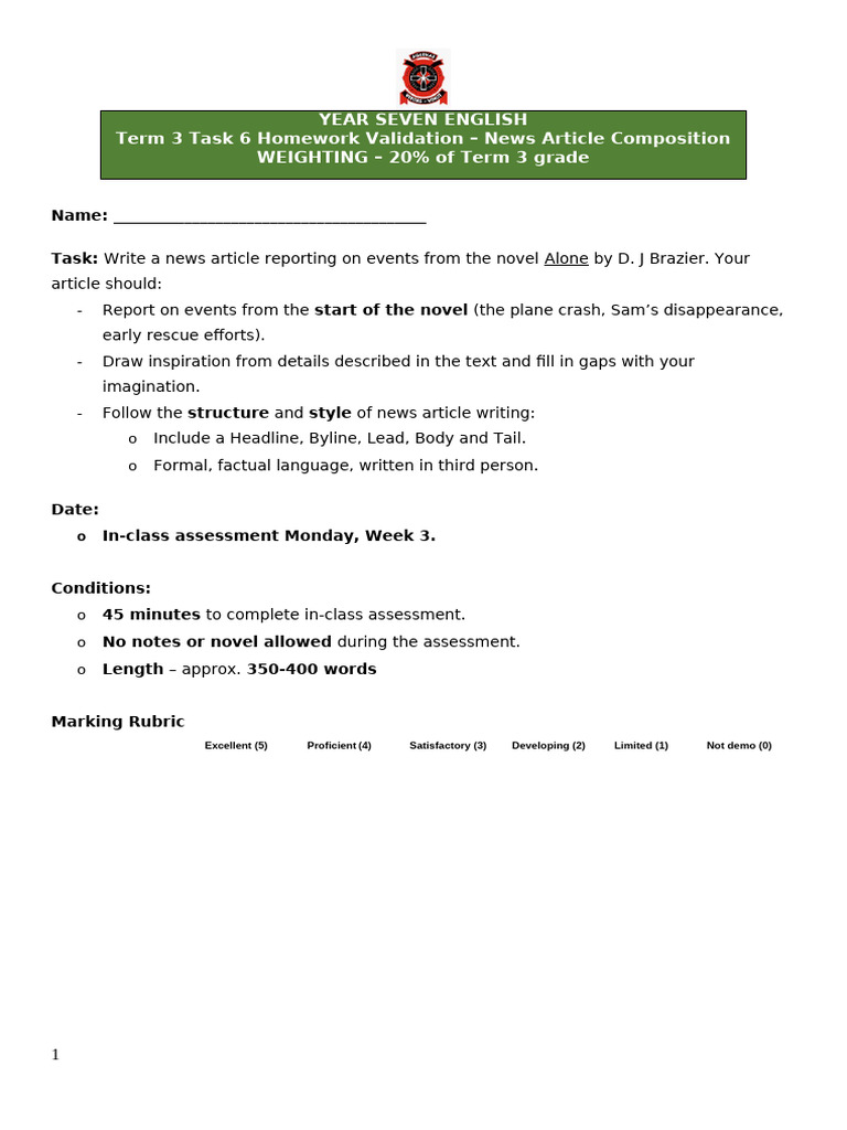 7GEN - TASK SHEET - Task 6 News Article Composition | PDF