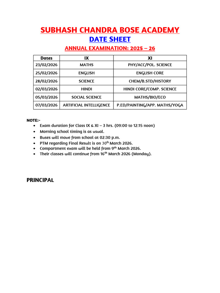 Annual Exam Date Sheet Ix and Xi | PDF