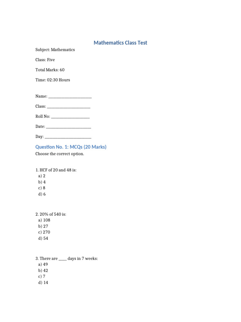 Class Five Mathematics Test Paper | PDF