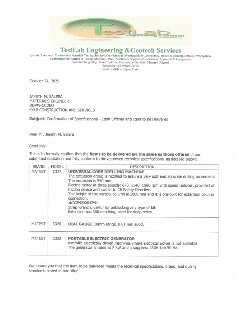 Confirmation of Specification Letter - Sow | PDF