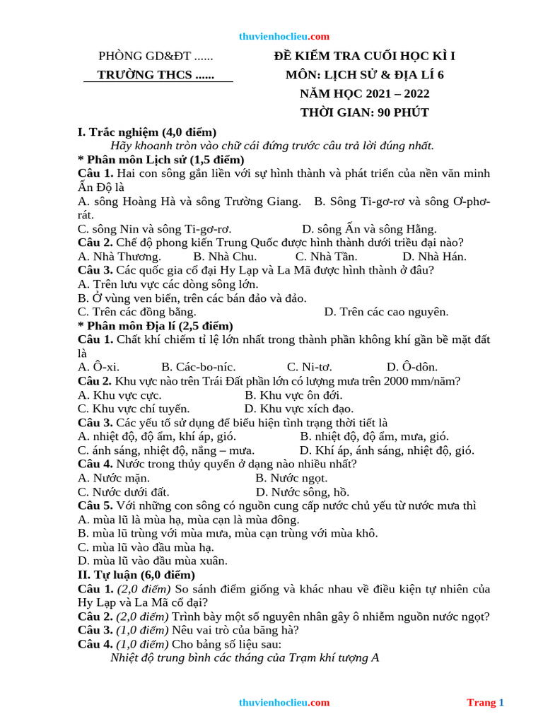 De KT HK1 Lich Su Dia Li KNTT 21 22 Co Dap An | PDF