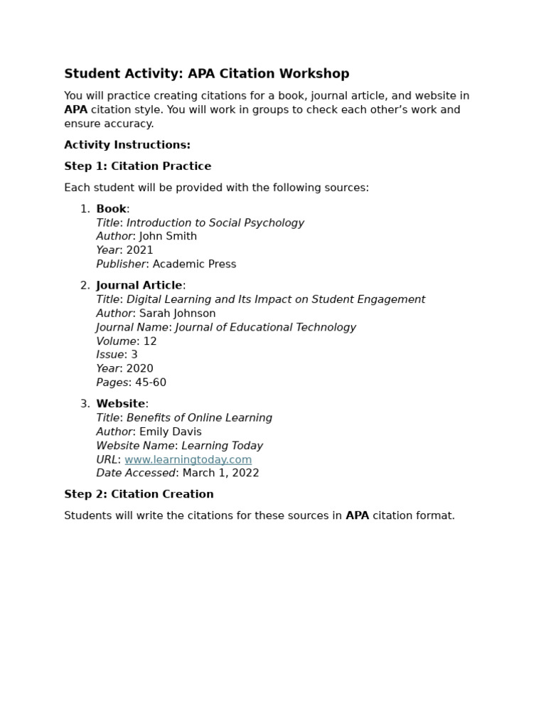 Student Activity - APA and MLA Citation Workshop | PDF