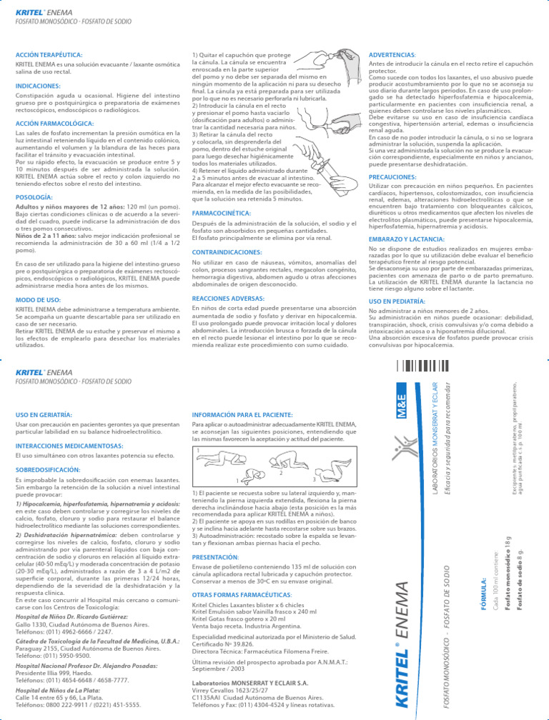 Kritel Enema Prospecto | PDF | Sodio | Especialidades Medicas