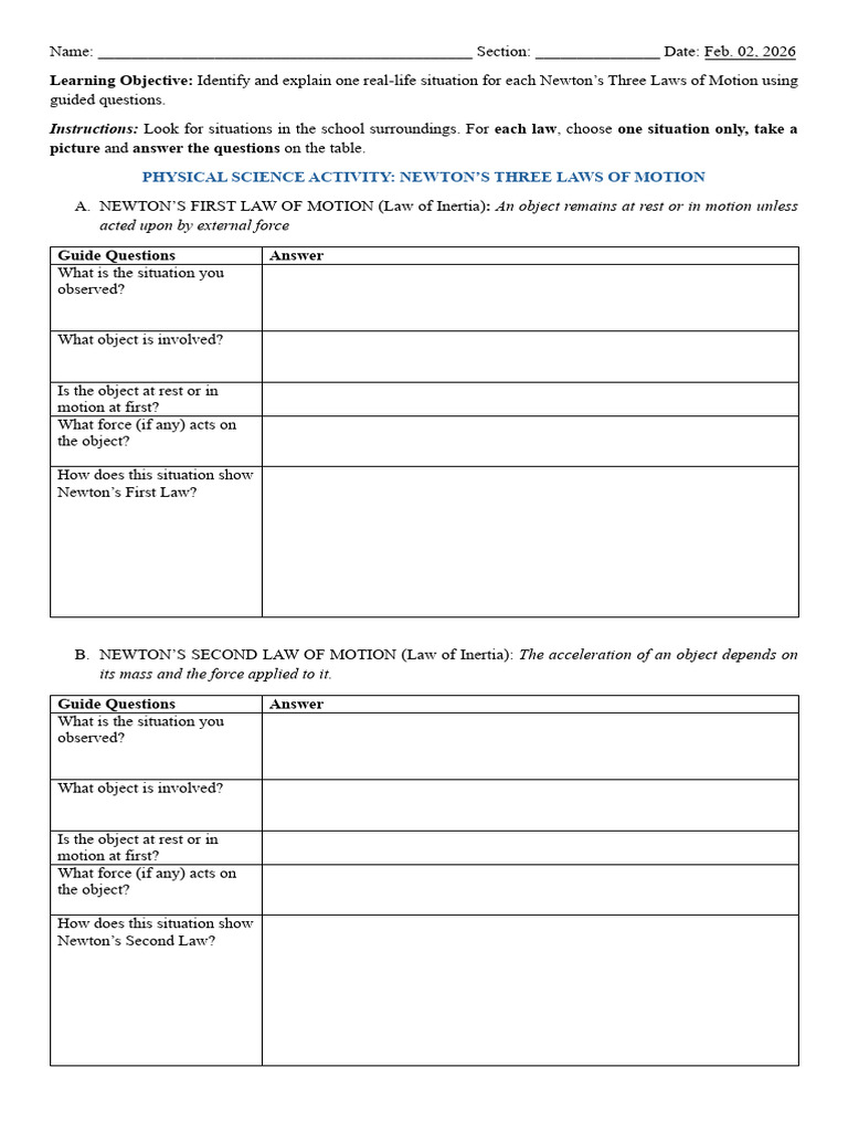 Ps Activity Sheet Newtons Law | PDF | Force | Newton's Laws Of Motion