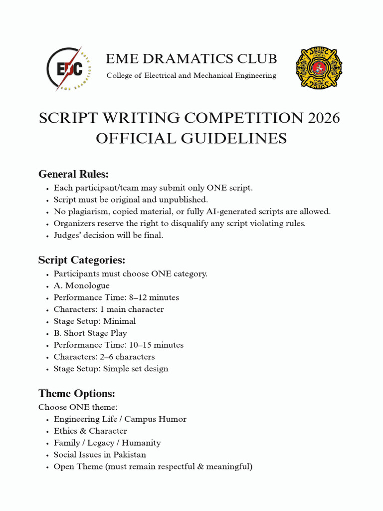 Script Writing Competition 2026 - Official Guidelines | PDF