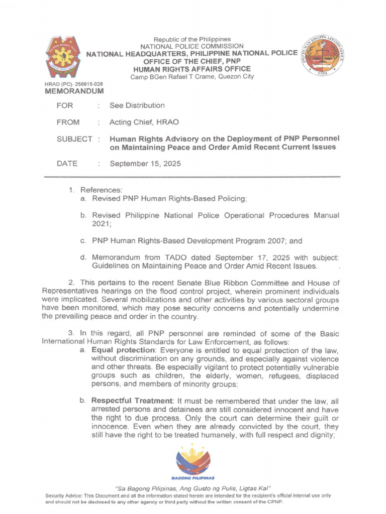 Human Rights Advisory On The Deployment of PNP Personnel On Maintaining ...