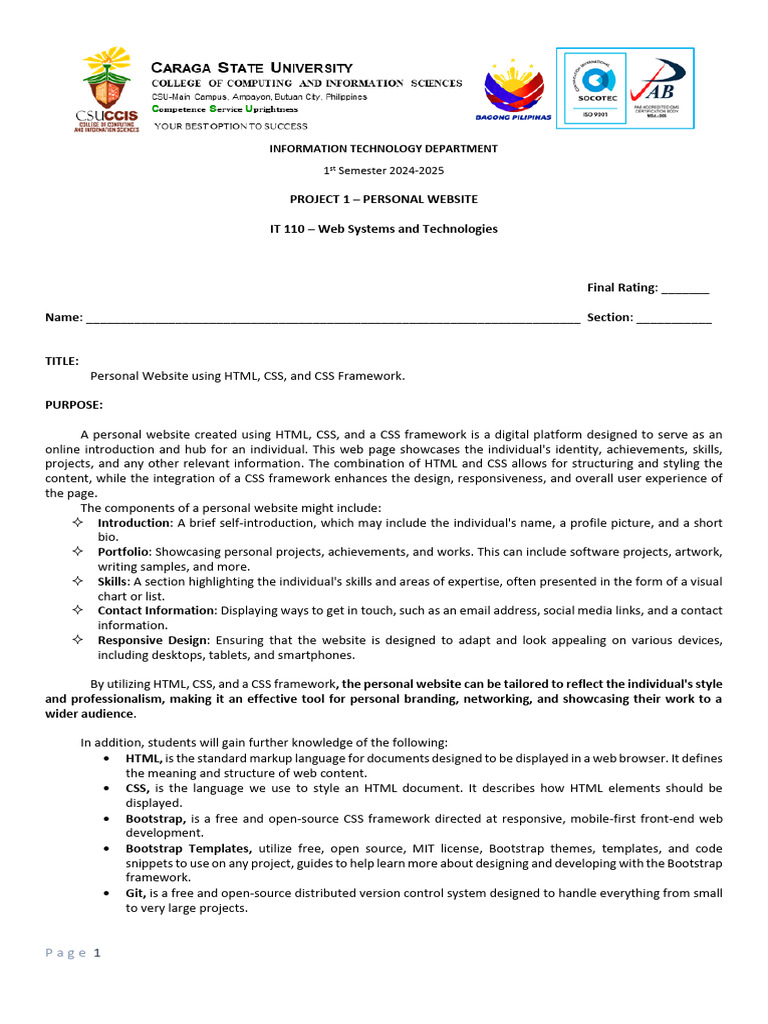 Project 1 - Web Systems & Technologies - Personal Website | PDF ...