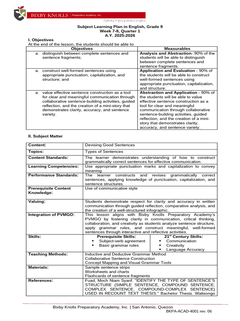 ENGLISH9-Q1-W7-8-SLP-L4-Devising Good Sentences-25-26 | PDF | Cognitive ...