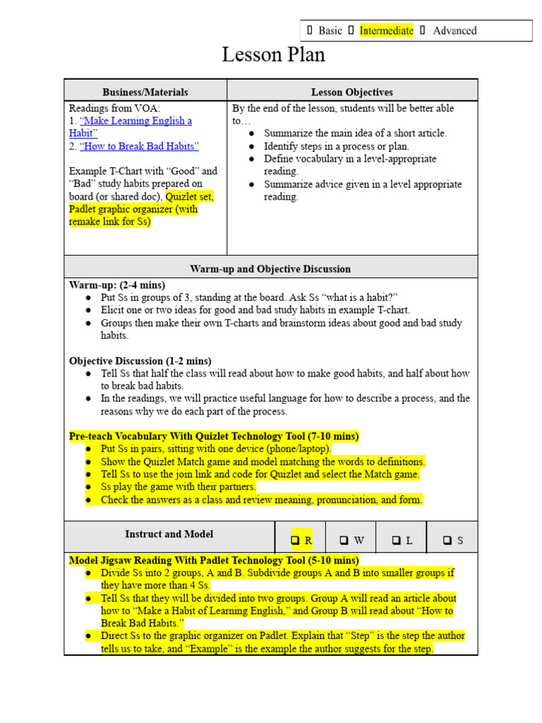 Teacher 2 Lesson Plan Intermediate-Level University Students ...