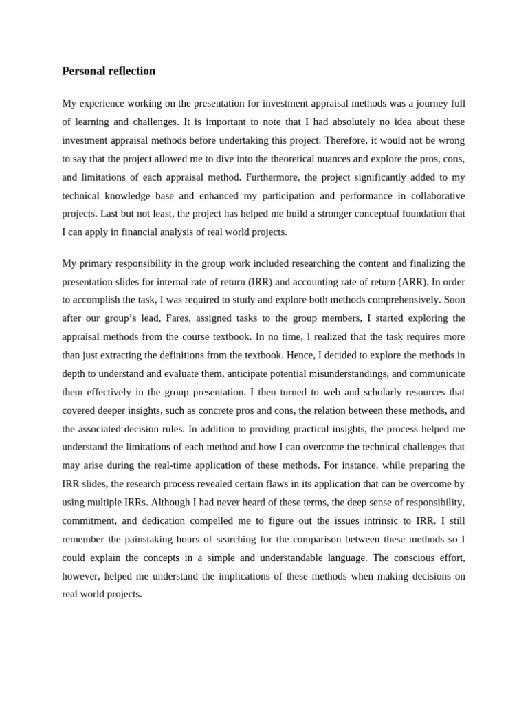 Khalifa Personal Reflection | PDF | Internal Rate Of Return | Cognitive ...